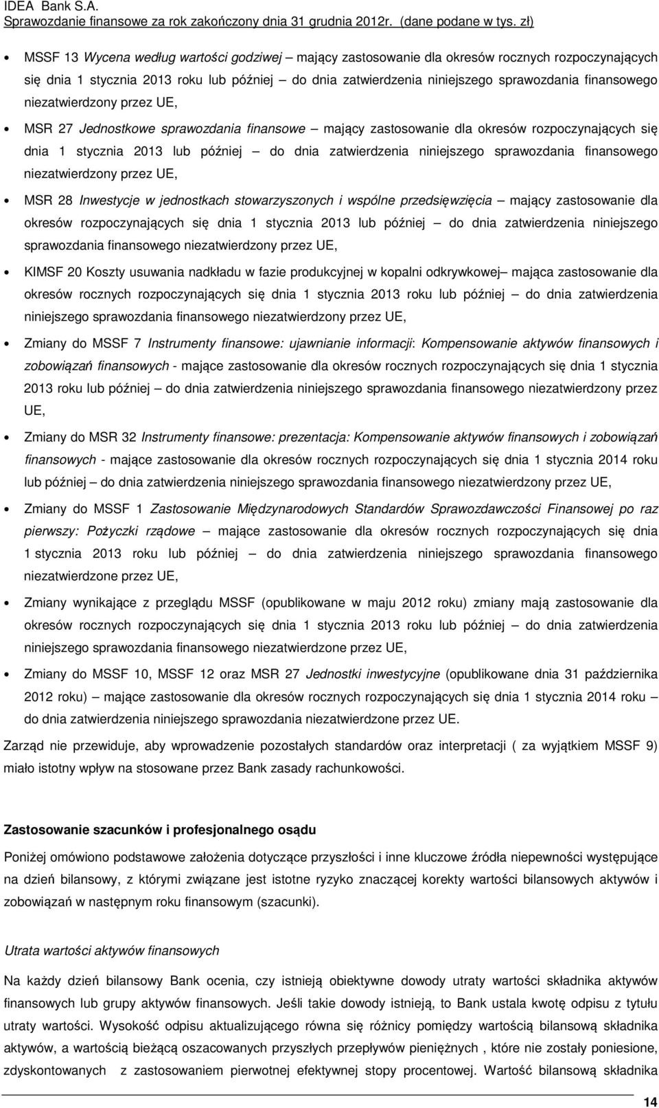 sprawozdania finansowego niezatwierdzony przez UE, MSR 28 Inwestycje w jednostkach stowarzyszonych i wspólne przedsięwzięcia mający zastosowanie dla okresów rozpoczynających się dnia 1 stycznia 2013