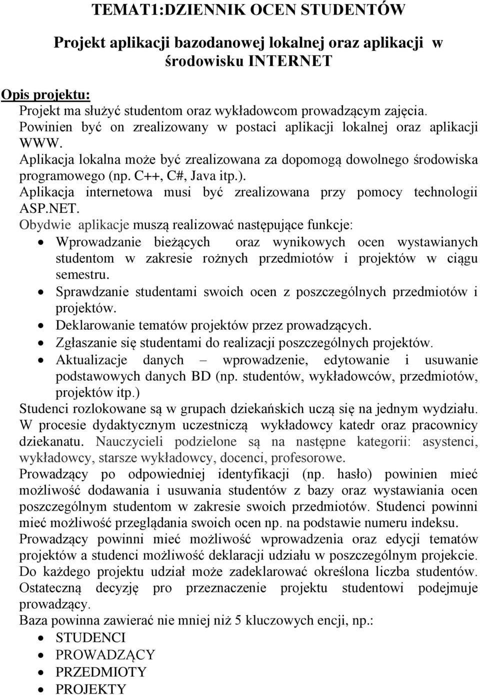 Aplikacja internetowa musi być zrealizowana przy pomocy technologii ASP.NET.