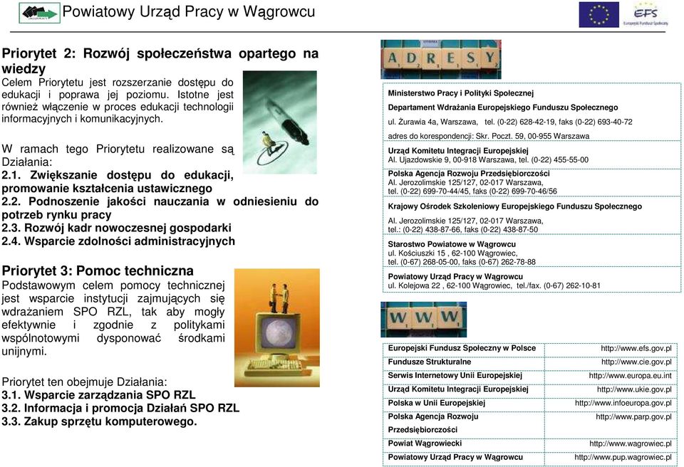 Zwiększanie dostępu do edukacji, promowanie kształcenia ustawicznego 2.2. Podnoszenie jakości nauczania w odniesieniu do potrzeb rynku pracy 2.3. Rozwój kadr nowoczesnej gospodarki 2.4.