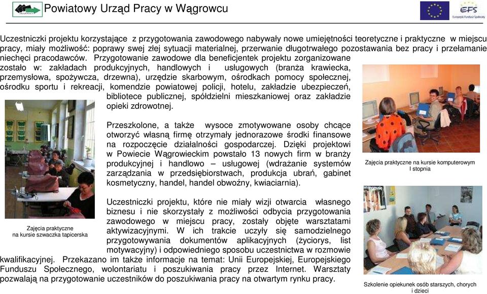 Przygotowanie zawodowe dla beneficjentek projektu zorganizowane zostało w: zakładach produkcyjnych, handlowych i usługowych (branŝa krawiecka, przemysłowa, spoŝywcza, drzewna), urzędzie skarbowym,