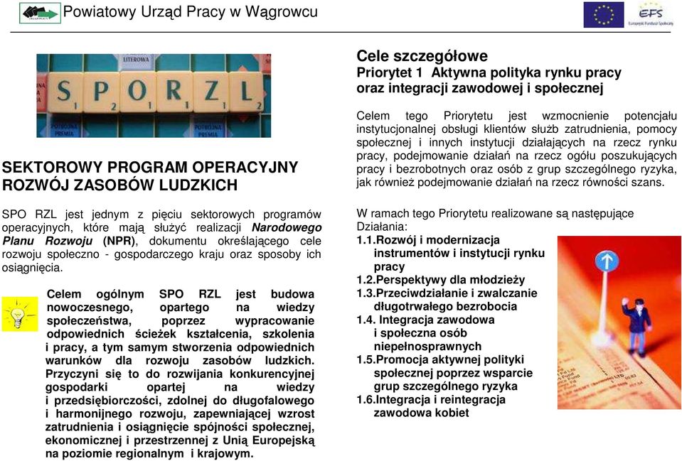 Celem ogólnym SPO RZL jest budowa nowoczesnego, opartego na wiedzy społeczeństwa, poprzez wypracowanie odpowiednich ścieŝek kształcenia, szkolenia i pracy, a tym samym stworzenia odpowiednich