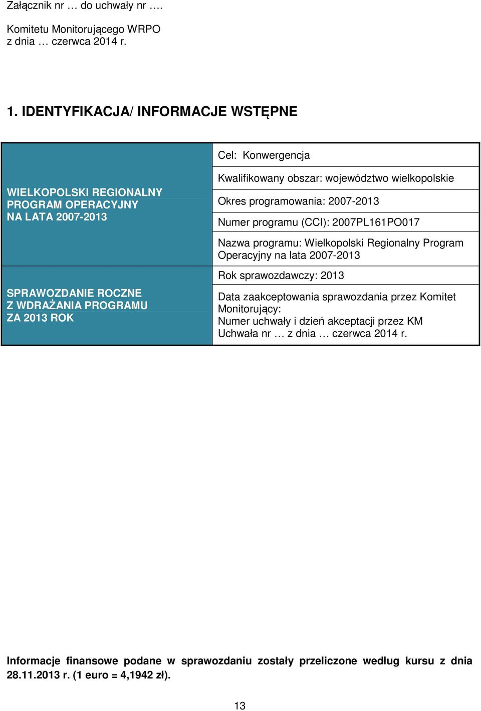 programowania: 27-213 Numer programu (CCI): 27PL161PO17 Nazwa programu: Wielkopolski Regionalny Program Operacyjny na lata 27-213 SPRAWOZDANIE ROCZNE Z WDRAŻANIA PROGRAMU ZA