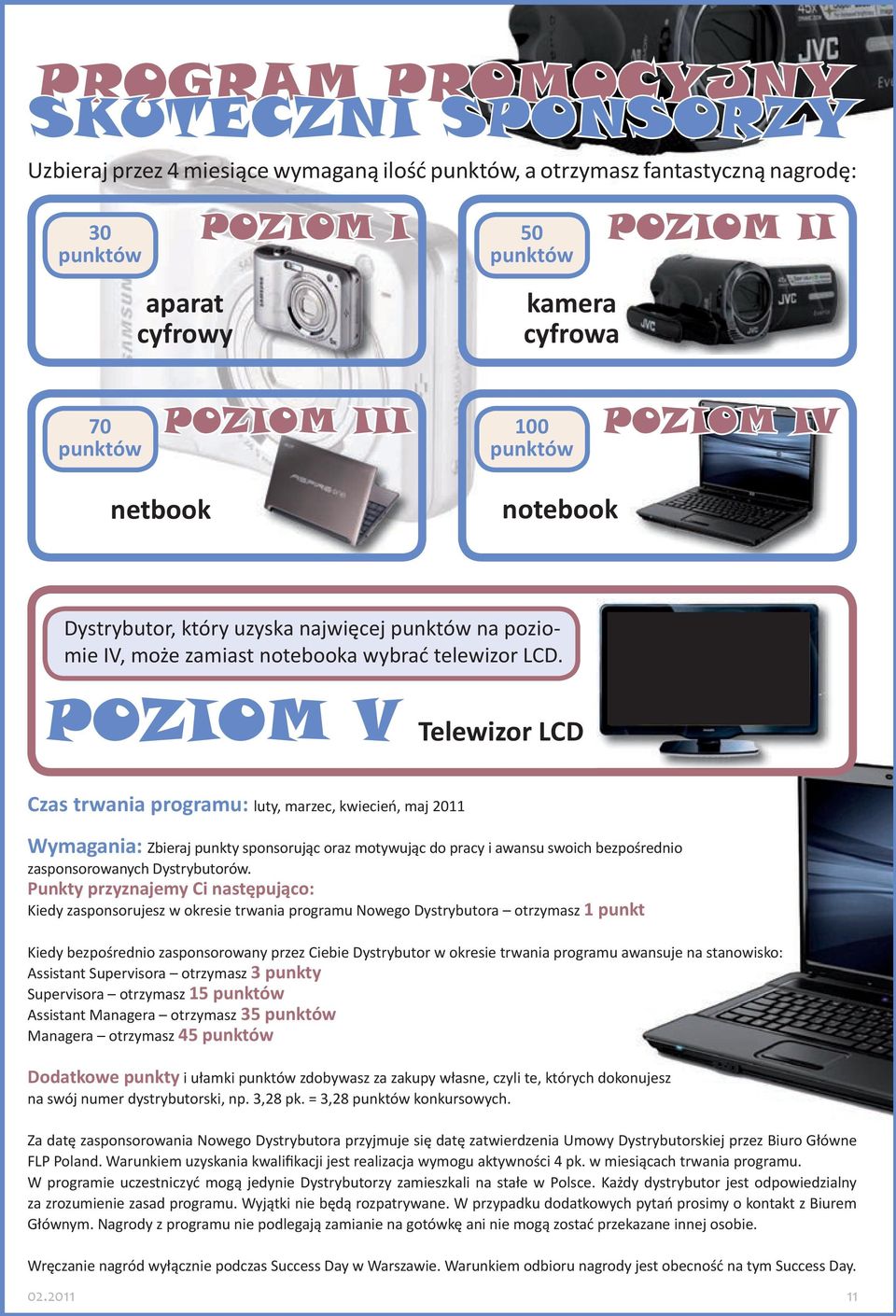 POZIOM V Telewizor LCD Czas trwania programu: luty, marzec, kwiecień, maj 2011 Wymagania: Zbieraj punkty sponsorując oraz motywując do pracy i awansu swoich bezpośrednio zasponsorowanych