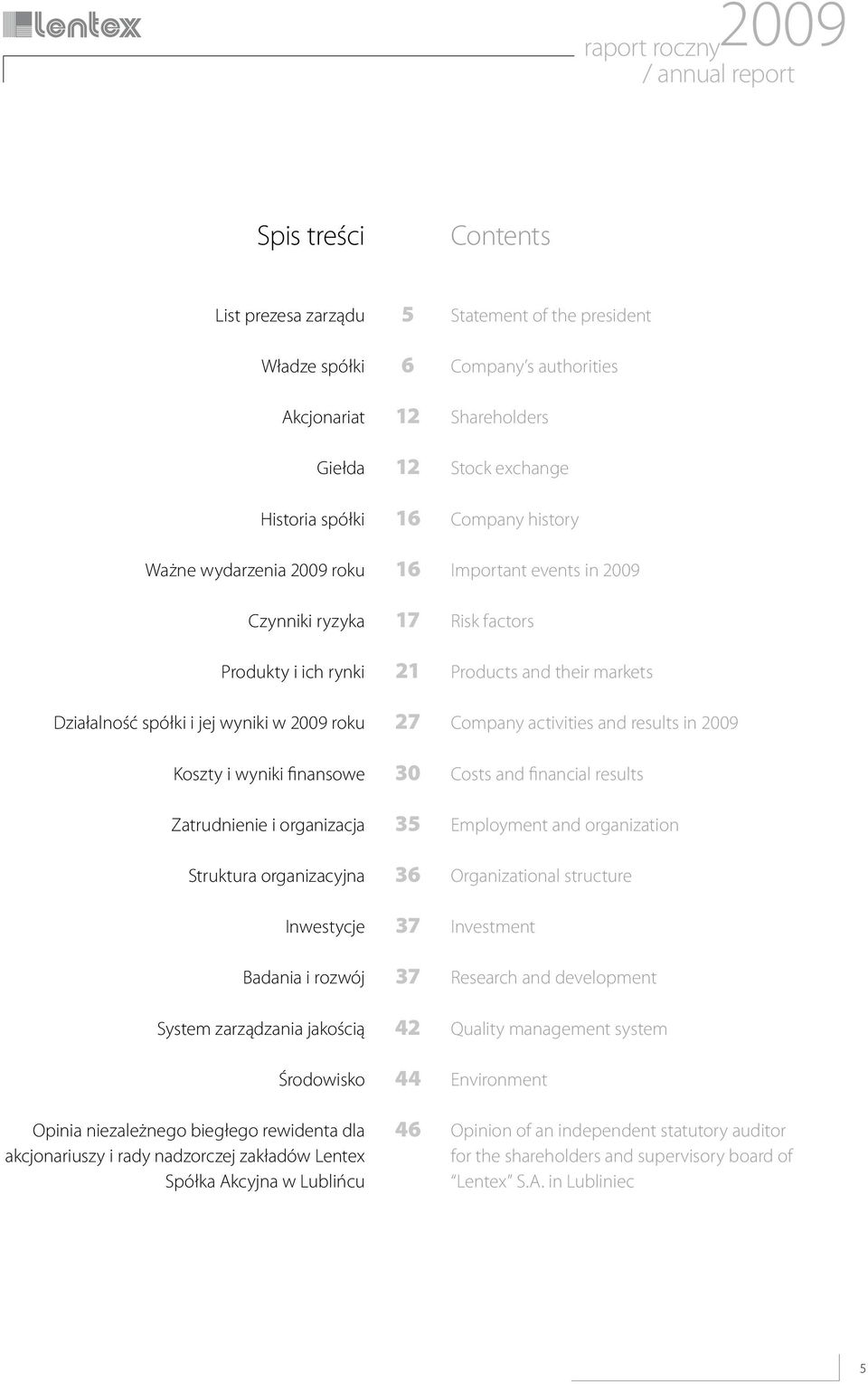 biegłego rewidenta dla akcjonariuszy i rady nadzorczej zakładów Lentex Spółka Akcyjna w Lublińcu 5 6 12 12 16 16 17 21 27 3 35 36 37 37 42 44 46 Statement of the president Company s authorities