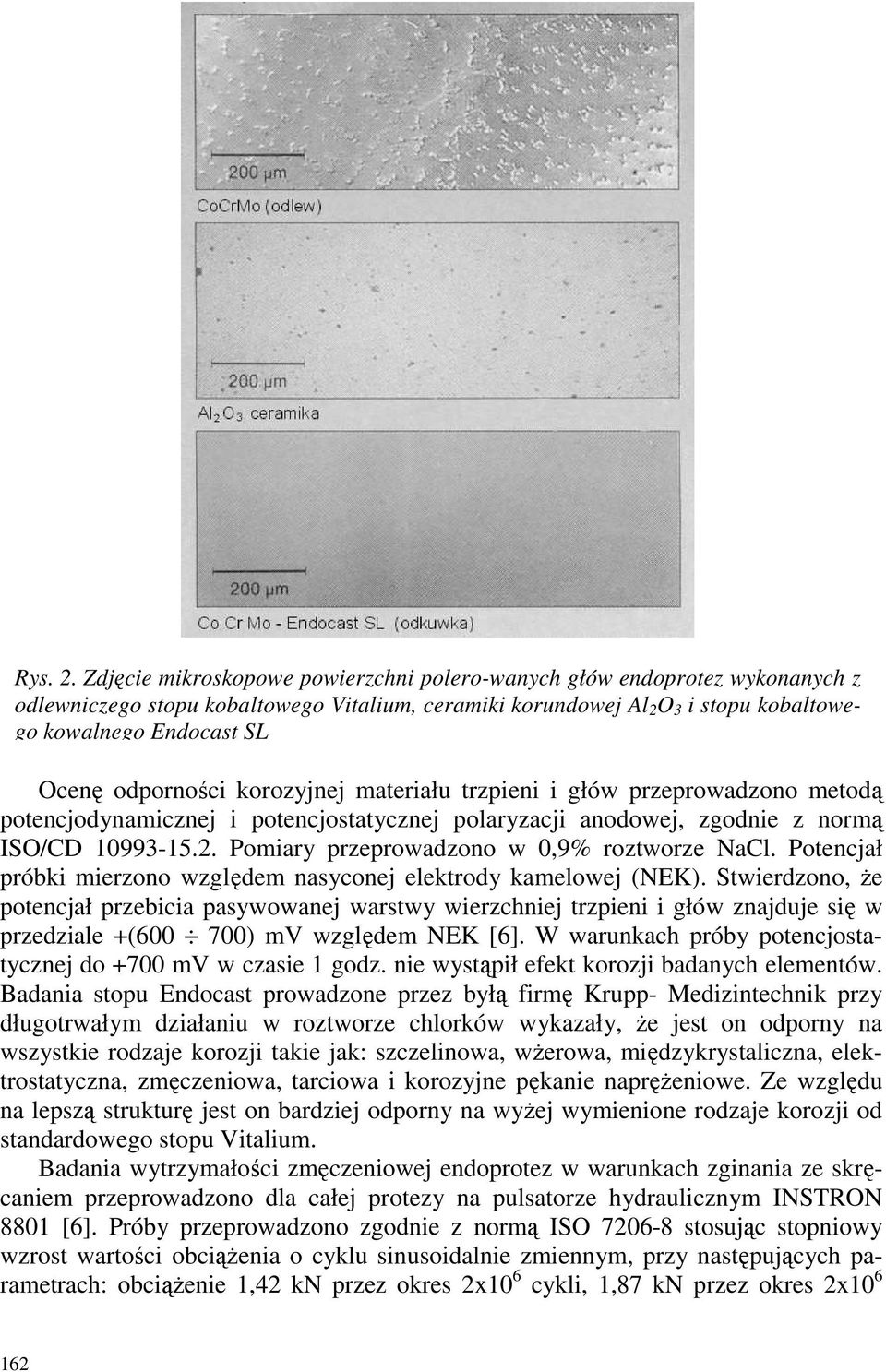 odporności korozyjnej materiału trzpieni i głów przeprowadzono metodą potencjodynamicznej i potencjostatycznej polaryzacji anodowej, zgodnie z normą ISO/CD 10993-15.2.