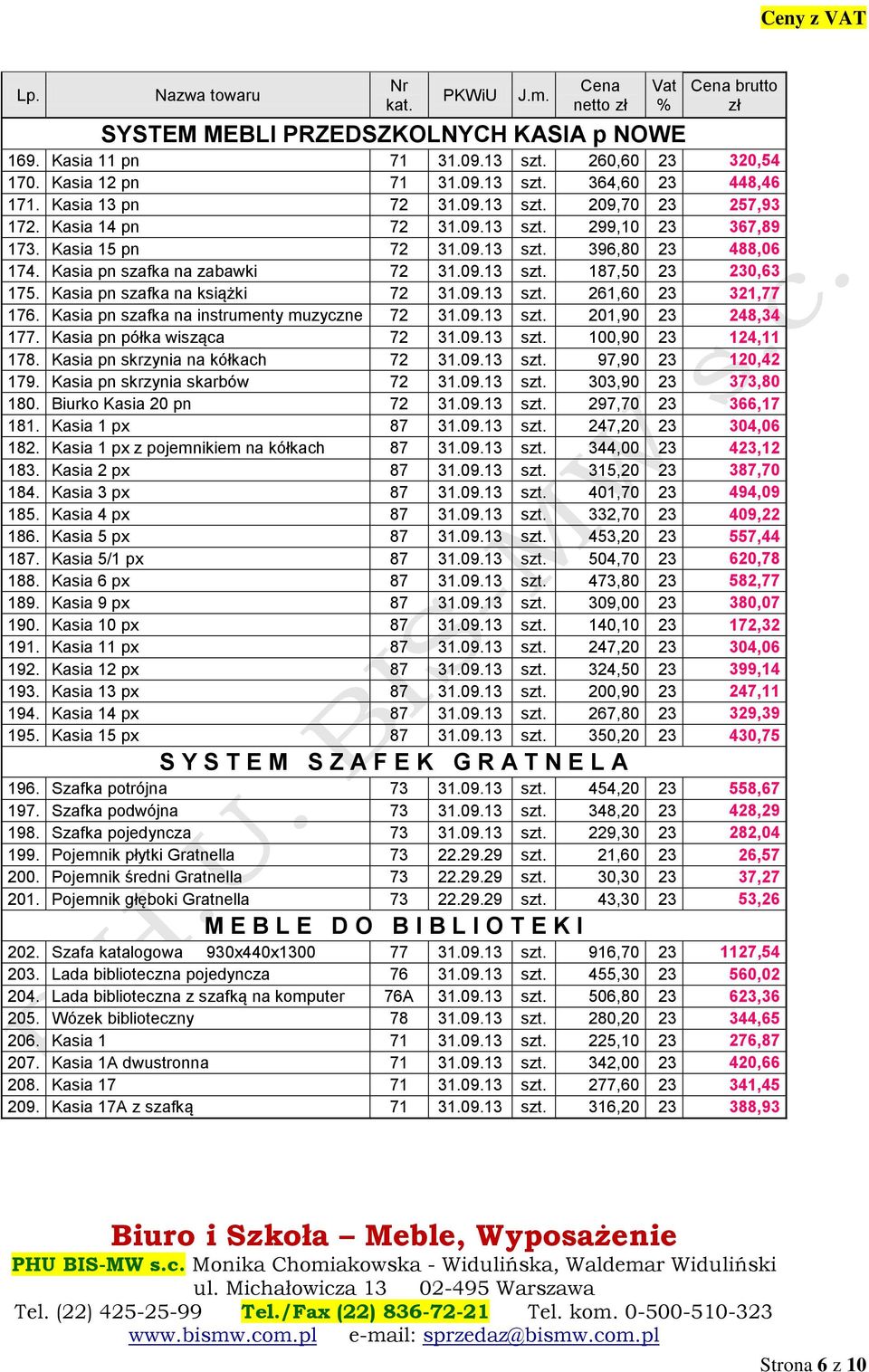 Kasia pn szafka na książki 72 31.09.13 szt. 261,60 23 321,77 176. Kasia pn szafka na instrumenty muzyczne 72 31.09.13 szt. 201,90 23 248,34 177. Kasia pn półka wisząca 72 31.09.13 szt. 100,90 23 124,11 178.