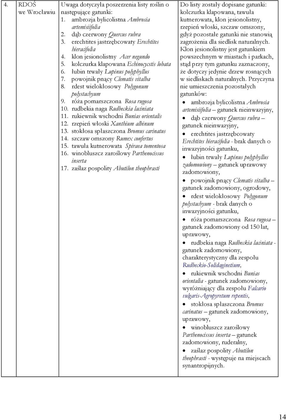 powojnik pnący Clematis vitalba 8. rdest wielokłosowy Polygonum polystachyum 9. róża pomarszczona Rosa rugosa 10. rudbekia naga Rudbeckia laciniata 11. rukiewnik wschodni Bunias orientalis 12.