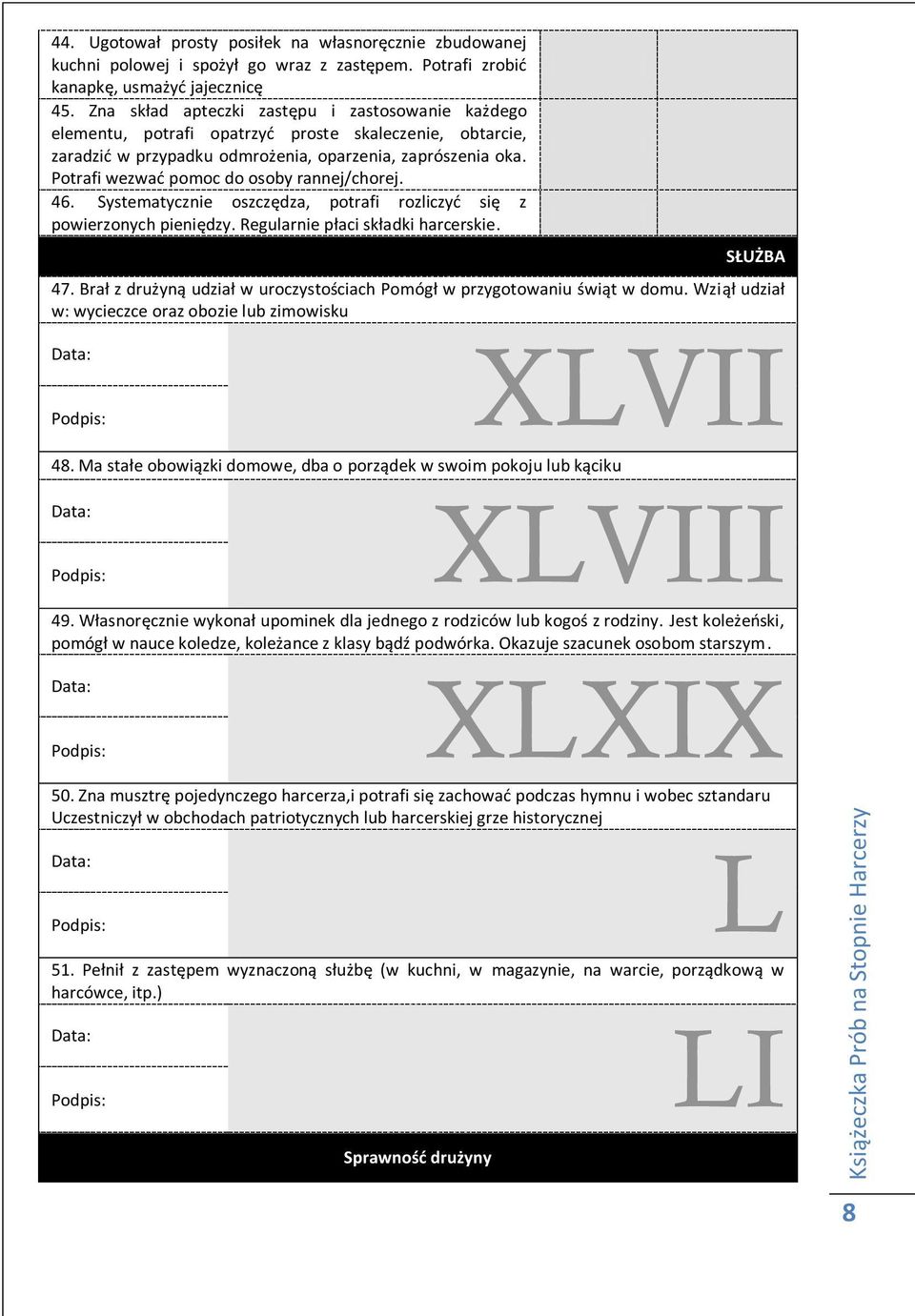 Potrafi wezwad pomoc do osoby rannej/chorej. 46. Systematycznie oszczędza, potrafi rozliczyd się z powierzonych pieniędzy. Regularnie płaci składki harcerskie. SŁUŻBA 47.