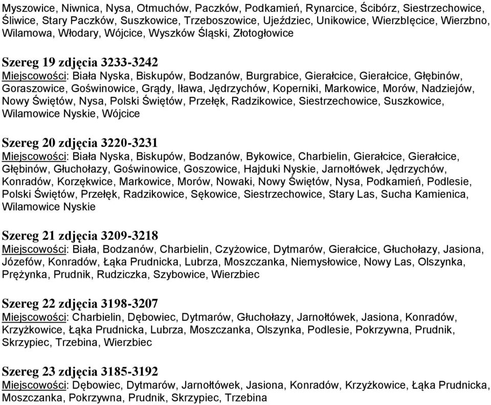 Jędrzychów, Koperniki, Markowice, Morów, Nadziejów, Nowy Świętów, Nysa, Polski Świętów, Przełęk, Radzikowice, Siestrzechowice, Suszkowice, Wilamowice Nyskie, Wójcice Szereg 20 zdjęcia 3220-3231 :