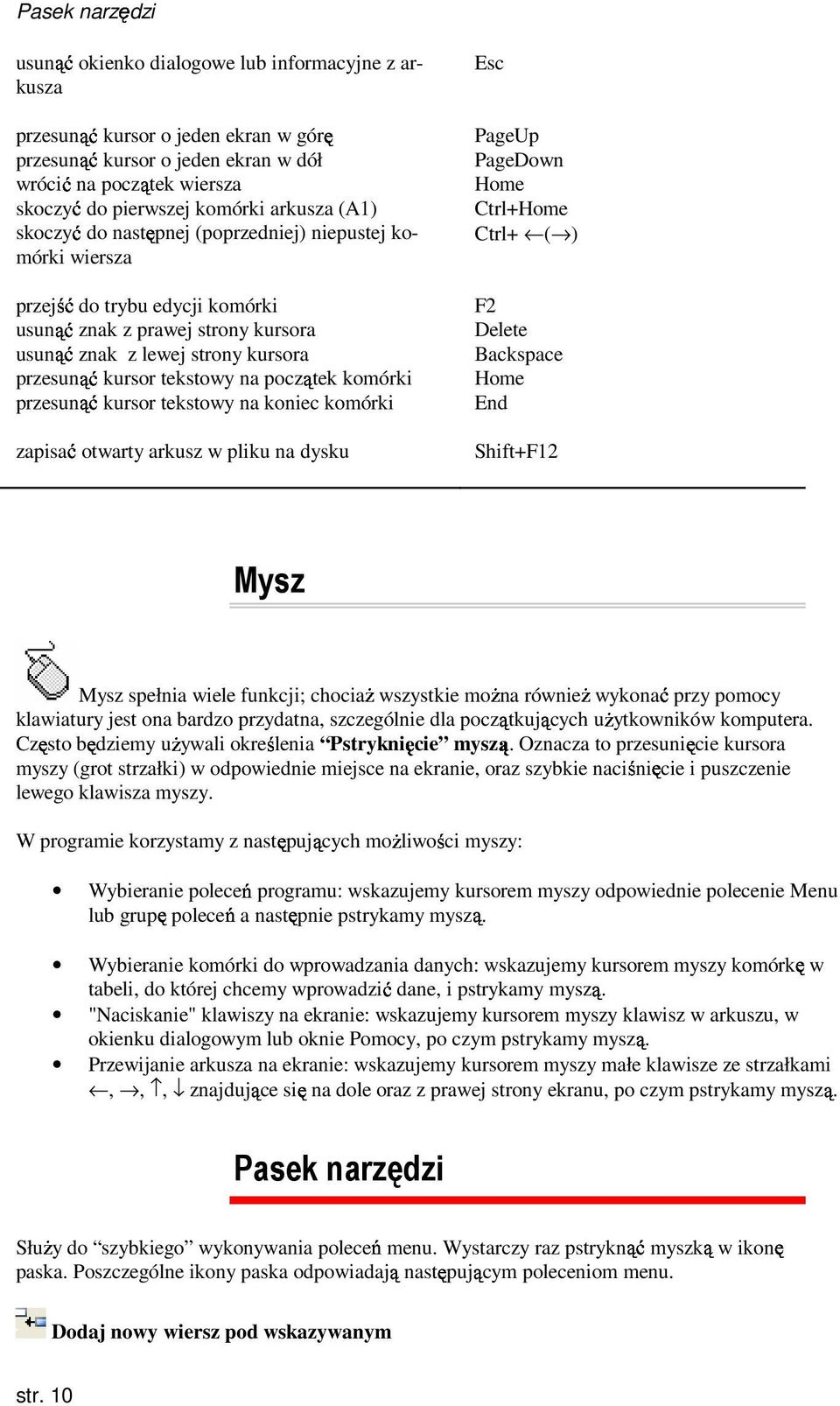 przesunąć kursor tekstowy na koniec komórki zapisać otwarty arkusz w pliku na dysku Esc PageUp PageDown Home Ctrl+Home Ctrl+ ( ) F2 Delete Backspace Home End Shift+F12 Mysz Mysz spełnia wiele