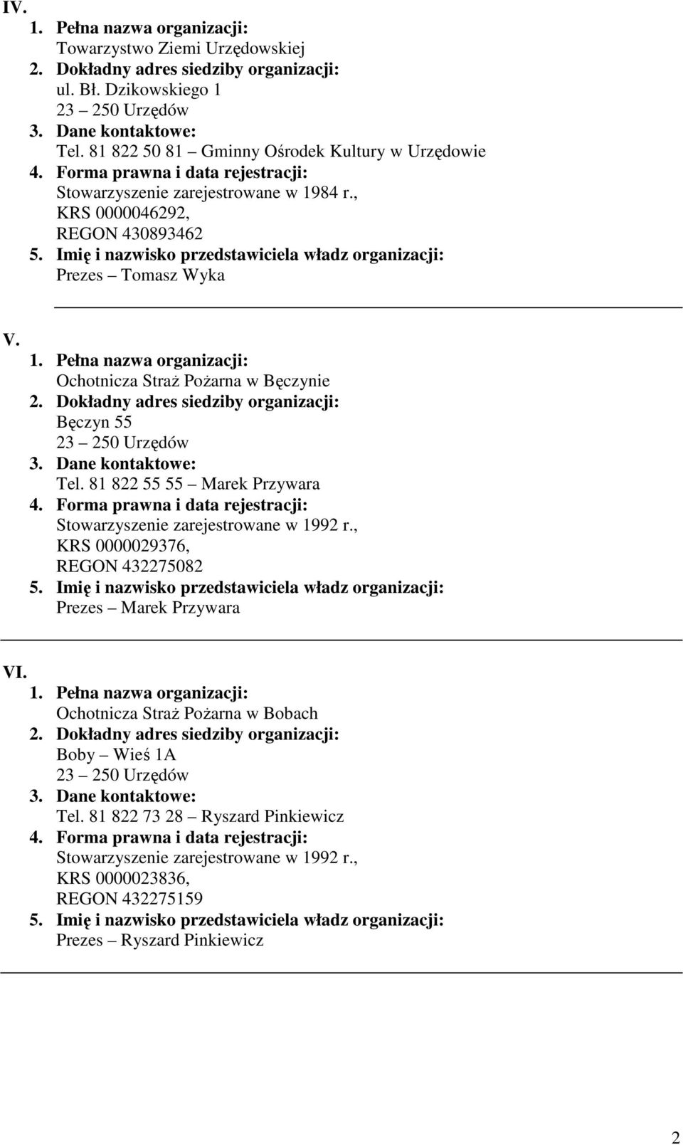 , KRS 0000046292, REGON 430893462 Prezes Tomasz Wyka V. Ochotnicza StraŜ PoŜarna w Bęczynie Bęczyn 55 Tel.