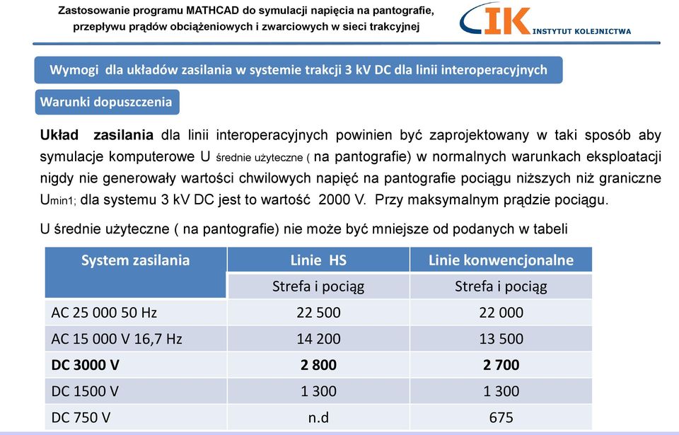 niż graniczne Umin1; dla systemu 3 kv DC jest to wartość 2000 V. Przy maksymalnym prądzie pociągu.