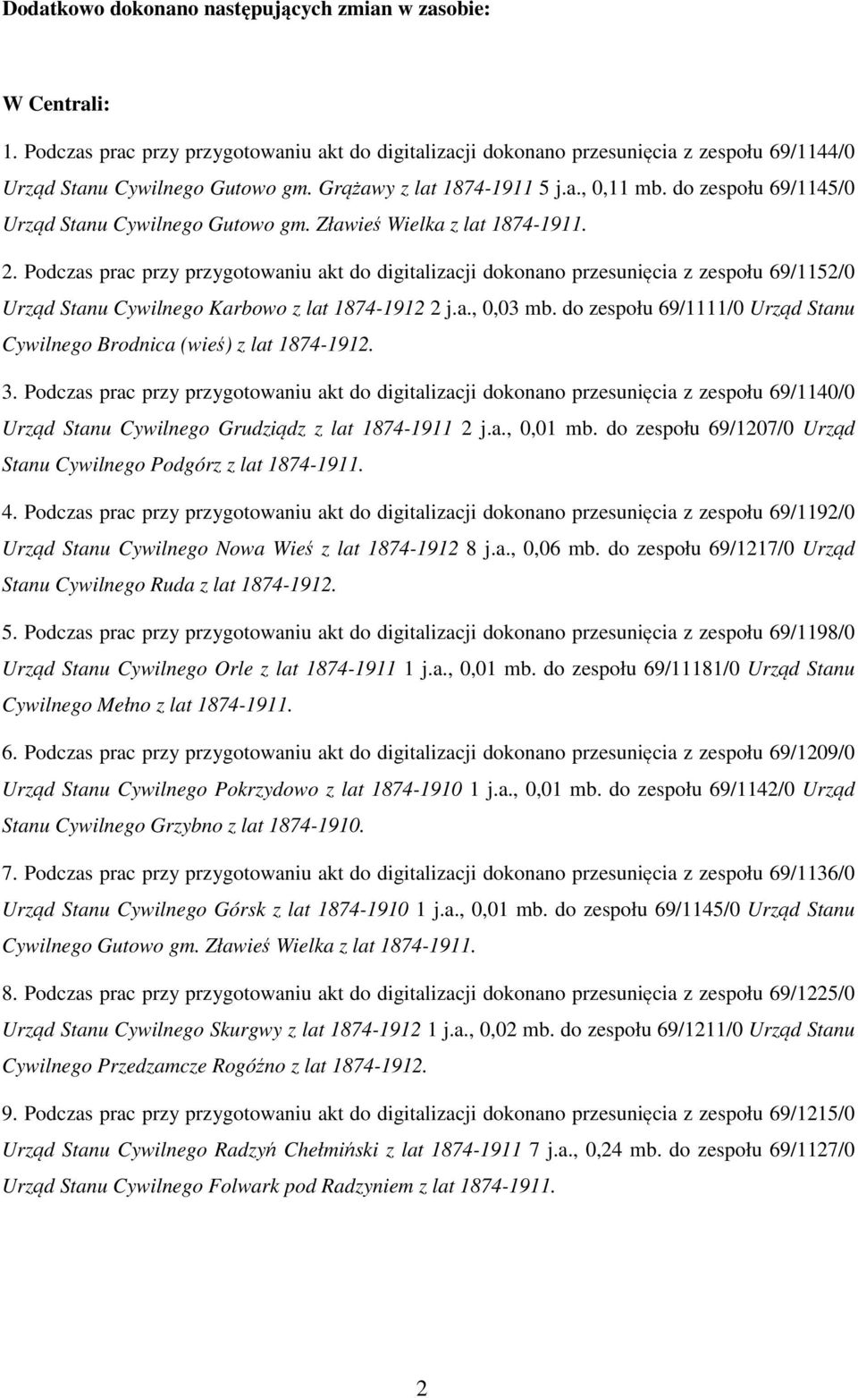 Podczas prac przy przygotowaniu akt do digitalizacji dokonano przesunięcia z zespołu 69/1152/0 Urząd Stanu Cywilnego Karbowo z lat 1874-1912 2 j.a., 0,03 mb.