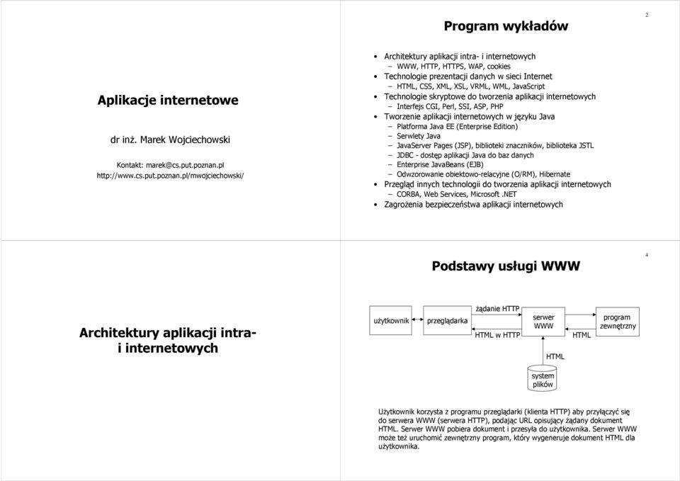 pl/mwojciechowski/ Architektury aplikacji intra- i internetowych WWW, HTTP, HTTPS, WAP, cookies Technologie prezentacji danych w sieci Internet HTML, CSS, XML, XSL, VRML, WML, JavaScript Technologie