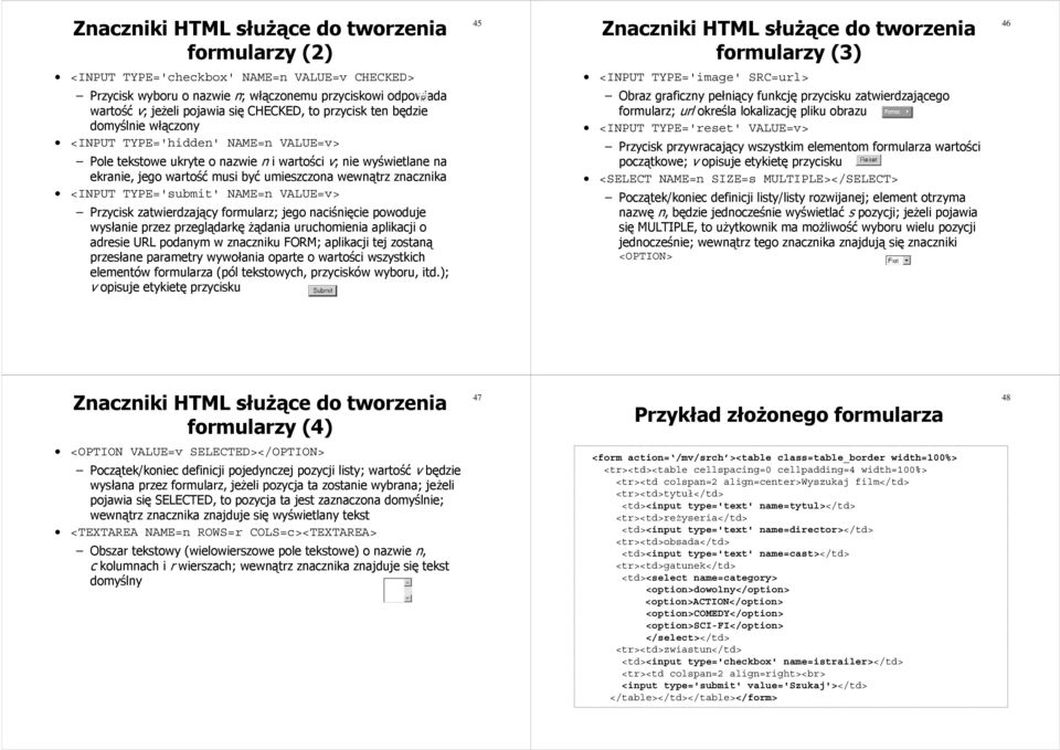 wyświetlane na ekranie, jego wartość musi być umieszczona wewnątrz znacznika <INPUT TYPE='submit' NAME=n VALUE=v> Przycisk zatwierdzający formularz; jego naciśnięcie powoduje wysłanie przez