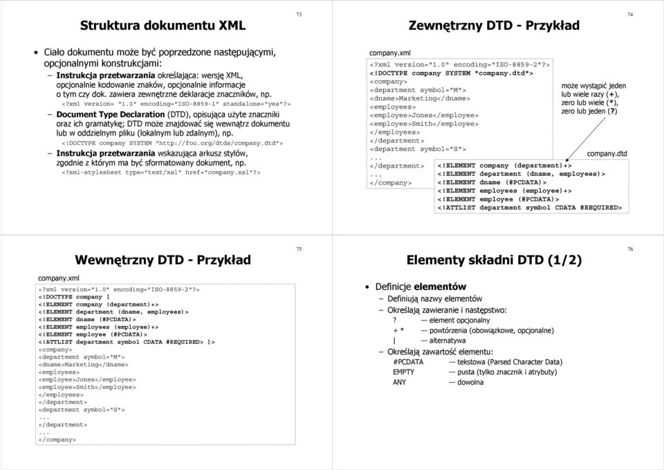 > Document Type Declaration (DTD), opisująca użyte znaczniki oraz ich gramatykę; DTD może znajdować się wewnątrz dokumentu lub w oddzielnym pliku (lokalnym lub zdalnym), np. <!