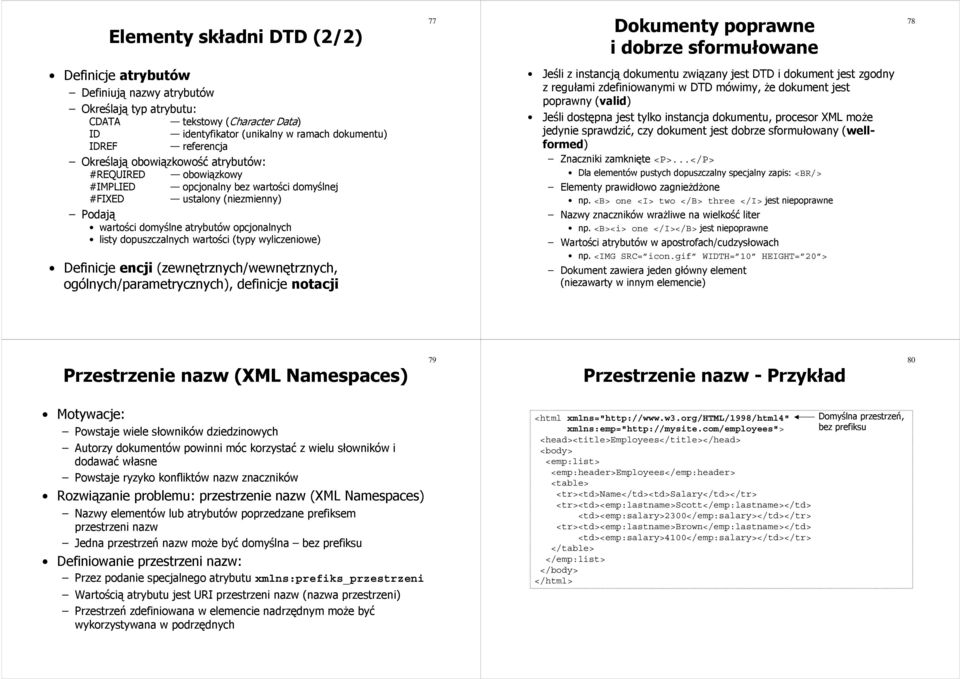 domyślne atrybutów opcjonalnych listy dopuszczalnych wartości (typy wyliczeniowe) Definicje encji (zewnętrznych/wewnętrznych, ogólnych/parametrycznych), definicje notacji Jeśli z instancją dokumentu