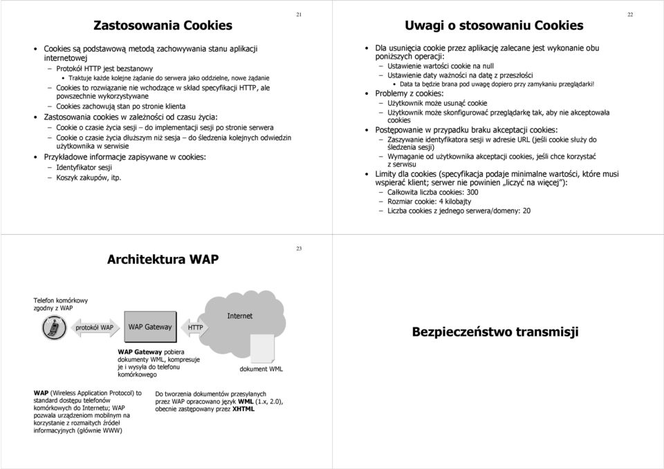 od czasu życia: Cookie o czasie życia sesji do implementacji sesji po stronie serwera Cookie o czasie życia dłuższym niż sesja do śledzenia kolejnych odwiedzin użytkownika w serwisie Przykładowe