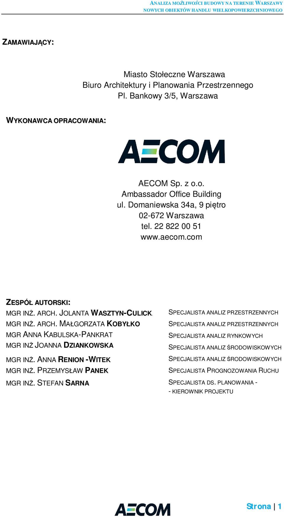 JOLANTA WASZTYN-CULICKA MGR IN. ARCH. M GORZATA KOBY KO MGR ANNA KABULSKA-PANKRAT MGR IN JOANNA DZIANKOWSKA MGR IN. ANNA RENION -WITEK MGR IN.