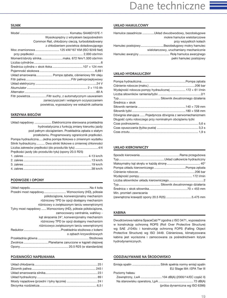 .. 6,69 l Układ smarowania... Pompa zębata, ciśnieniowy filtr oleju Filtr paliwa...filtr pełnoprzepływowy Układ elektryczny...24 V Akumulator... 2 110 Ah Alternator...60 A Filtr powietrza.