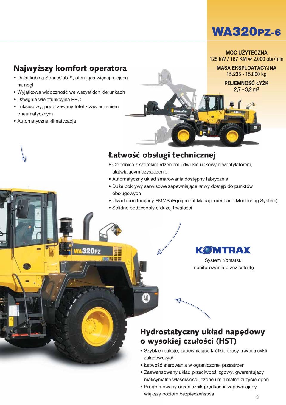 800 kg POJEMNOŚĆ ŁYŻK 2,7-3,2 m³ Łatwość obsługi technicznej Chłodnica z szerokim rdzeniem i dwukierunkowym wentylatorem, ułatwiającym czyszczenie Automatyczny układ smarowania dostępny fabrycznie