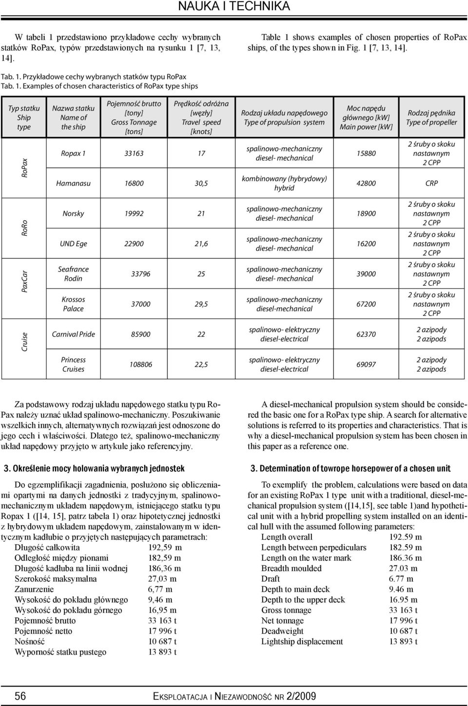 shows examples of chosen properties of RoPax ships, of the types shown in Fig. 1 