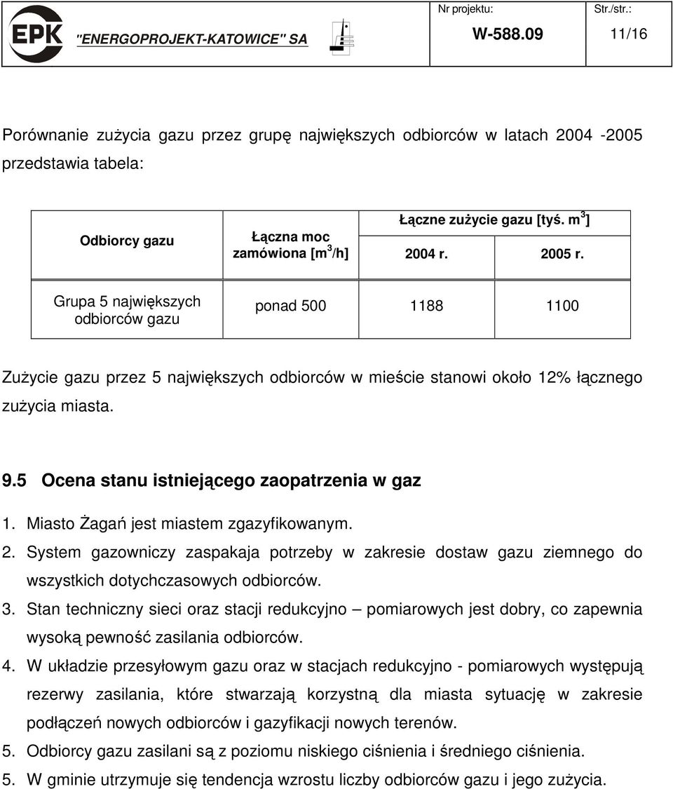 5 Ocena stanu istniejącego zaopatrzenia w gaz 1. Miasto Żagań jest miastem zgazyfikowanym. 2.