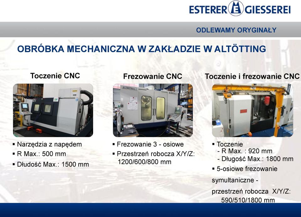 : 1500 mm Frezowanie 3 - osiowe Przestrzeń robocza X/Y/Z: 1200/600/800 mm Toczenie - R