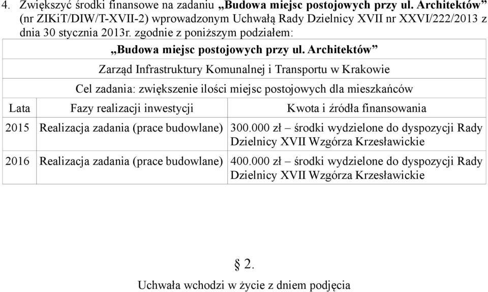 zgodnie z poniższym podziałem: Budowa miejsc postojowych przy ul.