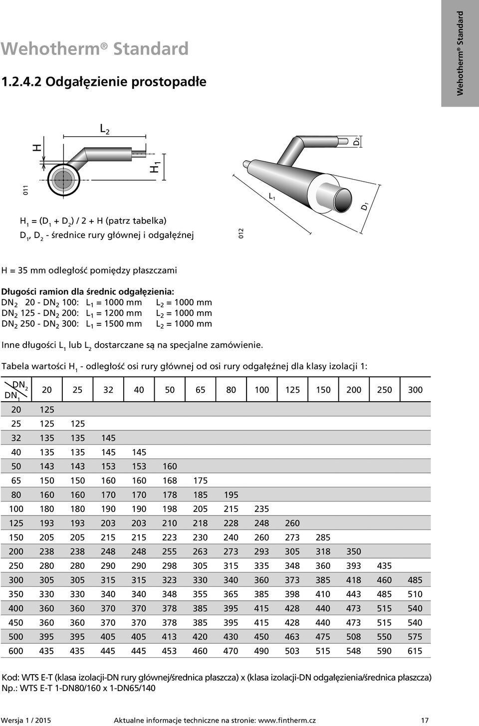 Długości ramion dla średnic odgałęzienia: DN 2 20 - DN 2 100: 1 = 1000 mm 2 = 1000 mm DN 2 125 - DN 2 200: 1 = 1200 mm 2 = 1000 mm DN 2 250 - DN 2 300: 1 = 1500 mm 2 = 1000 mm Inne długości 1 lub 2