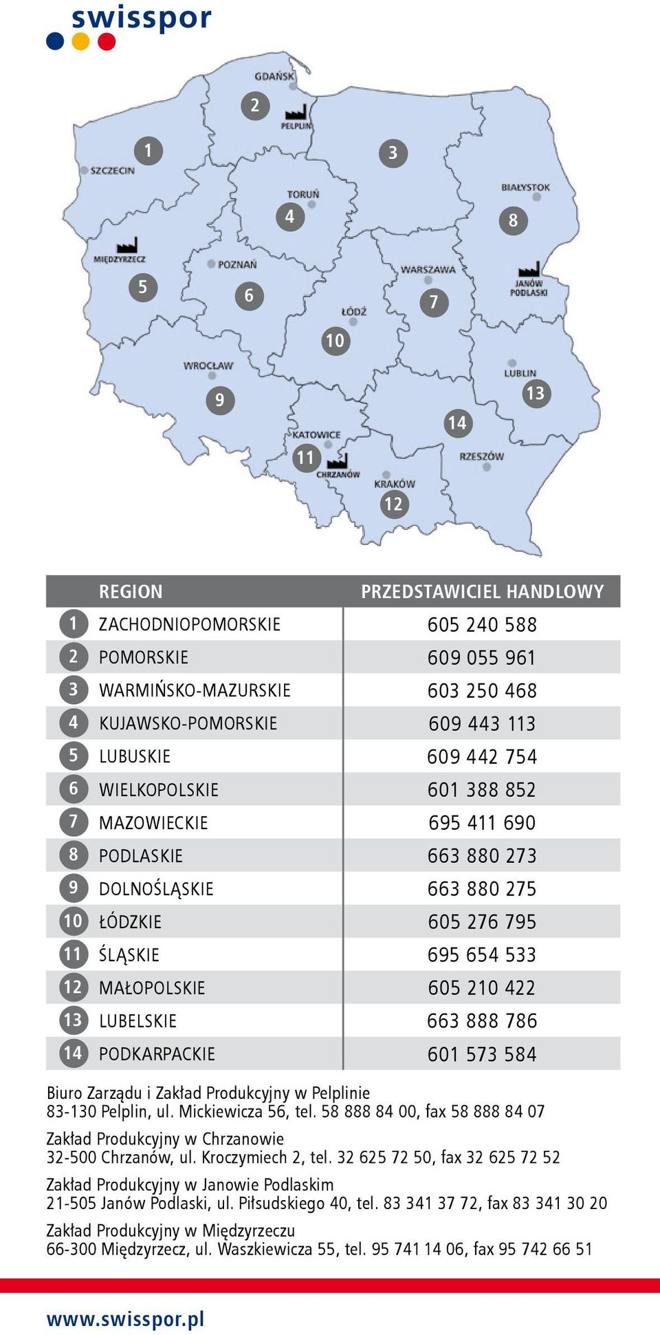 422 LUBELSKIE 663 888 786 PODKARPACKIE 601 573 584 Biuro Zarządu i Zakład Produkcyjny w Pelplinie 83 130 Pelplin, ul. Mickiewicza 56, tel.