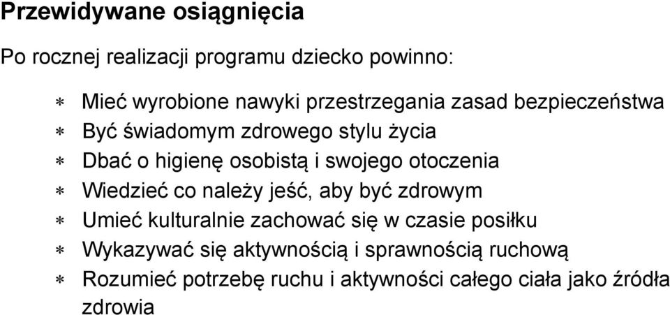 swojego otoczenia Wiedzieć co należy jeść, aby być zdrowym Umieć kulturalnie zachować się w czasie