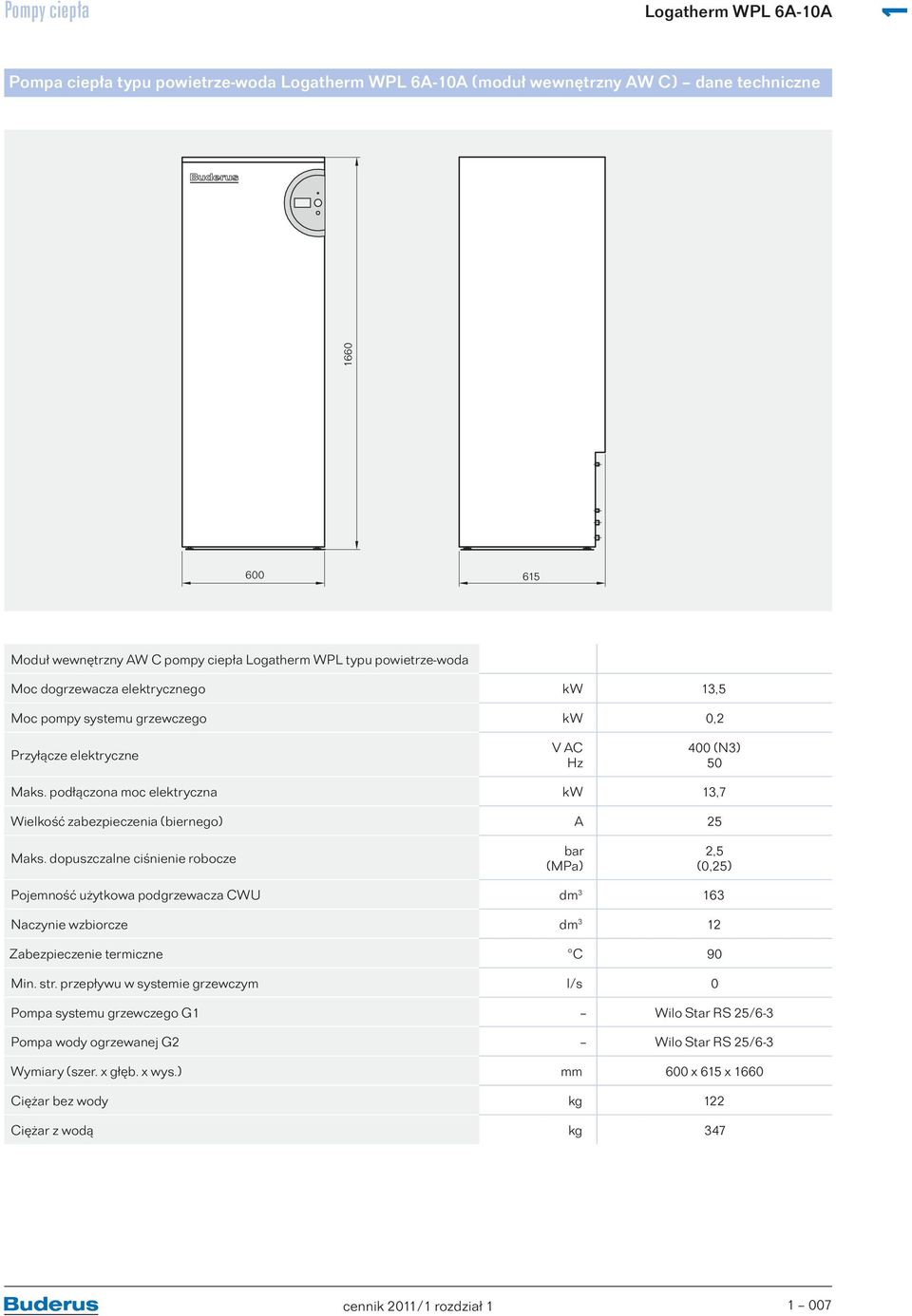 podłączona moc elektryczna kw 3,7 Wielkość zabezpieczenia (biernego) A 25 Maks.