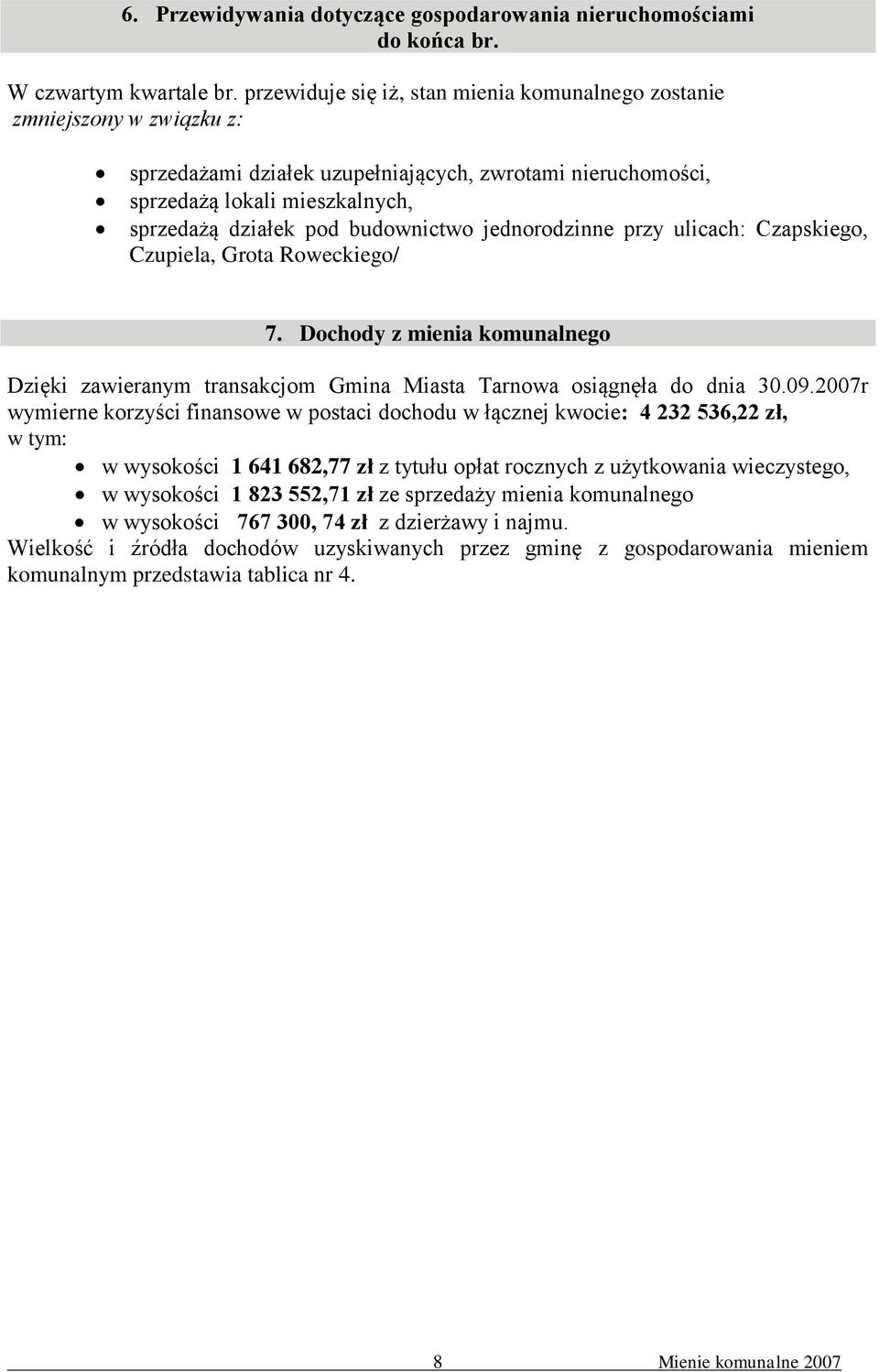 budownictwo jednorodzinne przy ulicach: Czapskiego, Czupiela, Grota Roweckiego/ 7. Dochody z mienia komunalnego Dzięki zawieranym transakcjom Gmina Miasta Tarnowa osiągnęła do dnia 30.09.