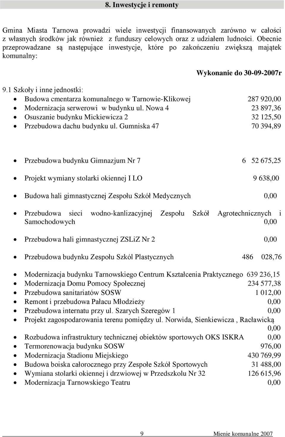 1 Szkoły i inne jednostki: Budowa cmentarza komunalnego w Tarnowie-Klikowej 287 920,00 Modernizacja serwerowi w budynku ul.