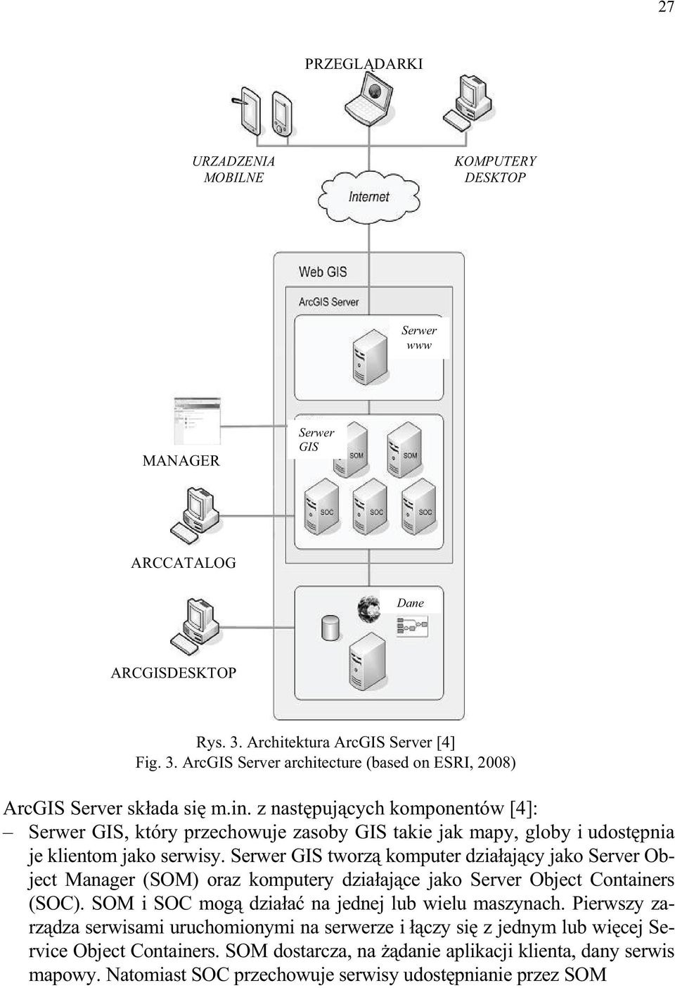 Serwer GIS tworz komputer dzia aj cy jako Server Object Manager (SOM) oraz komputery dzia aj ce jako Server Object Containers (SOC). SOM i SOC mog dzia a na jednej lub wielu maszynach.
