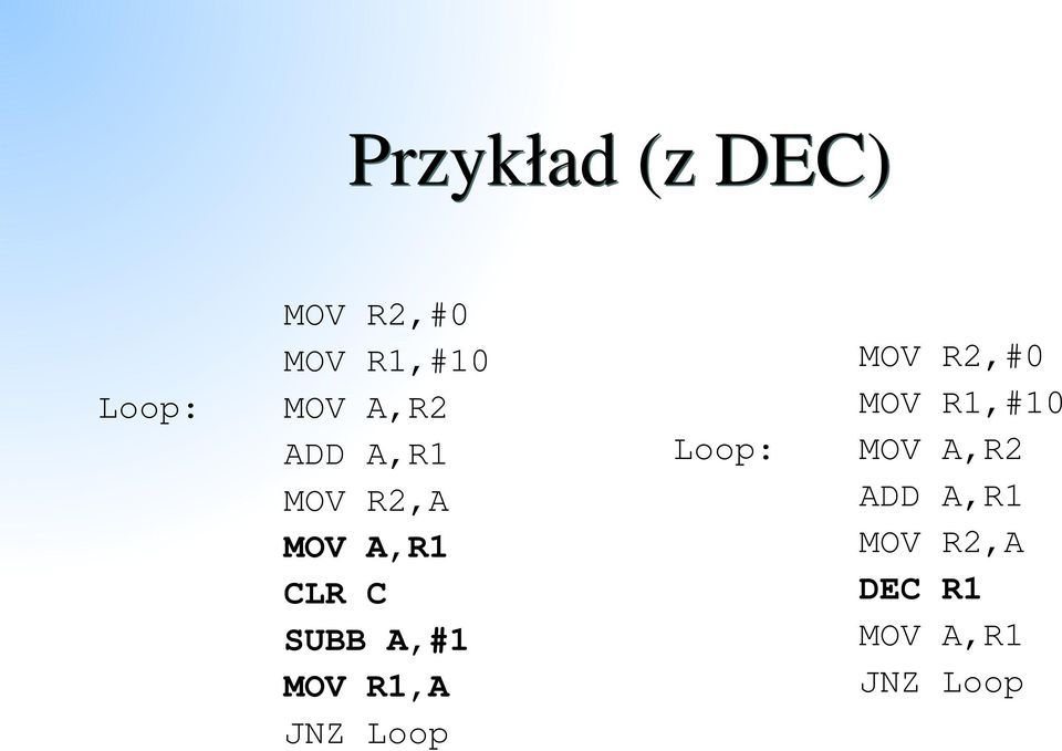 MOV R1,A JNZ Loop Loop: MOV R2,#0 MOV R1,#10