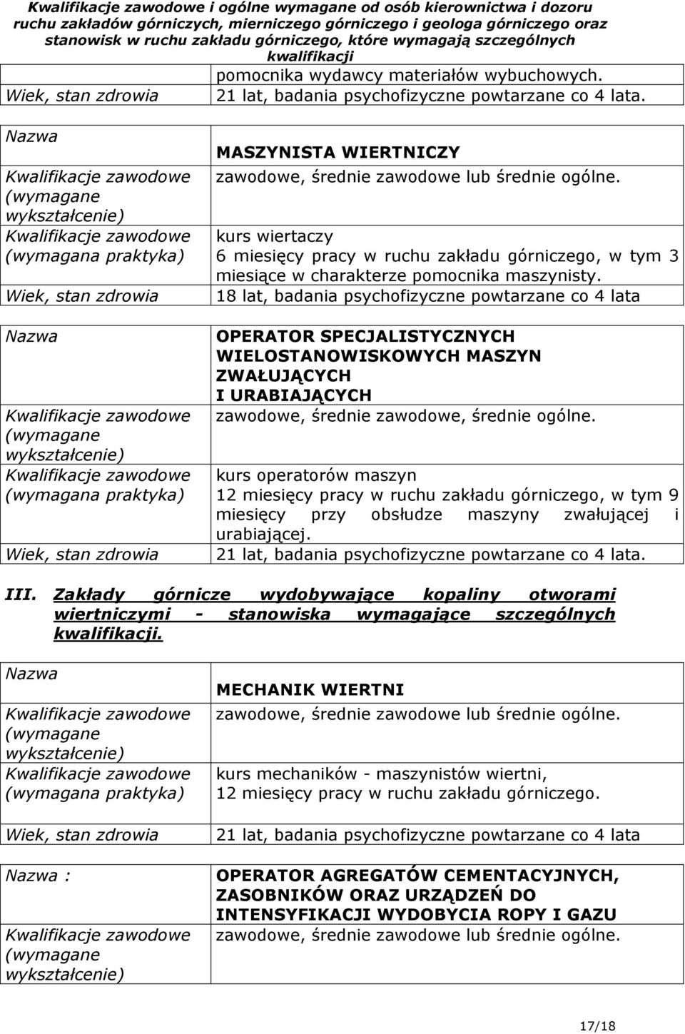 18 lat, badania psychofizyczne powtarzane co 4 lata OPERATOR SPECJALISTYCZNYCH WIELOSTANOWISKOWYCH MASZYN ZWAŁUJĄCYCH I URABIAJĄCYCH zawodowe, średnie zawodowe, średnie ogólne.