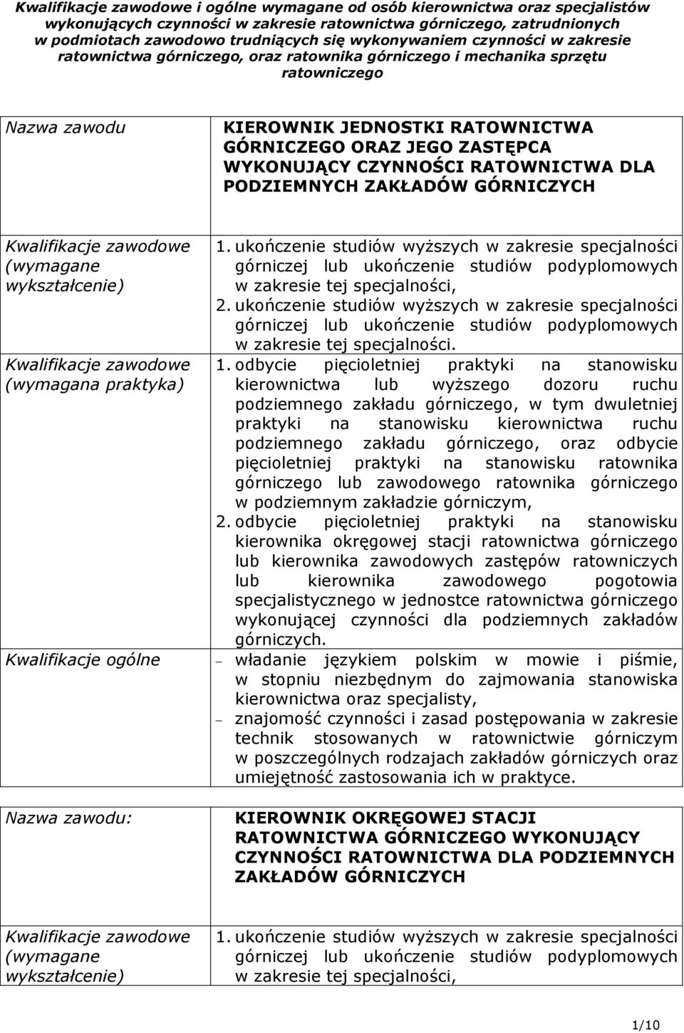 PODZIEMNYCH ZAKŁADÓW GÓRNICZYCH 1. ukończenie studiów wyŝszych w zakresie specjalności górniczej lub ukończenie studiów podyplomowych w zakresie tej specjalności, 2.