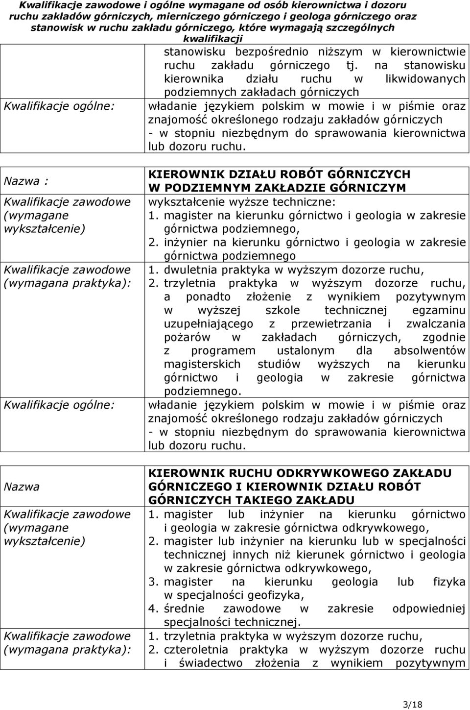 PODZIEMNYM ZAKŁADZIE GÓRNICZYM wykształcenie wyŝsze techniczne: 1. magister na kierunku górnictwo i geologia w zakresie górnictwa podziemnego, 2.