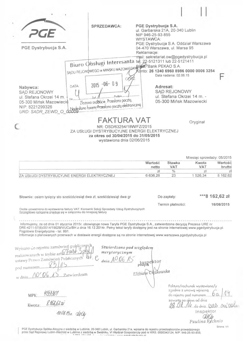 Stefana Okrzei 14 m. 05-300 Mińsk Mazowiecl NIP: 8221299326 URD: SADR ZEWD O DATA: 2015-06 - 0 9 \... Zol.il.