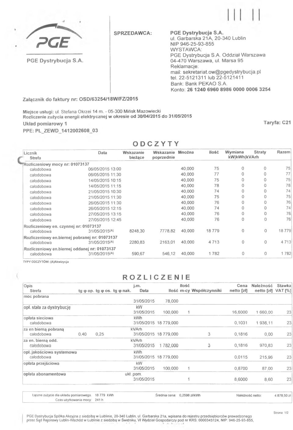 - Rozliczenie zużycia energii elektrycznej w okresie od 30/04/2015 do 31/05/2015 Układ pomiarowy 1 PPE: PL ZEWD 1412002608 03 Taryfa: C21 Licznik Mnożna Wymiana Straty Razem h "Rozliczeniowy mocy nr: