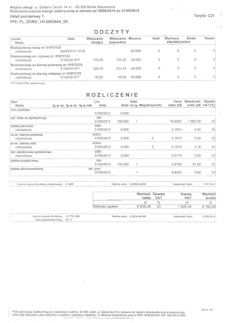 01073133 04/05/2015 10:00 40,000 0 0 0 0 Rozliczeniowy en. czynnej nr: 01073133 31 /05/2015<A) 725,25 725,25 40,000 0 0 0 0 Rozliczeniowy en.