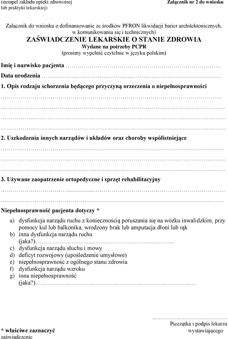 Opis rodzaju schorzenia będącego przyczyną orzeczenia o niepełnosprawności........ 2. Uszkodzenia innych narządów i układów oraz choroby współistniejące..... 3.