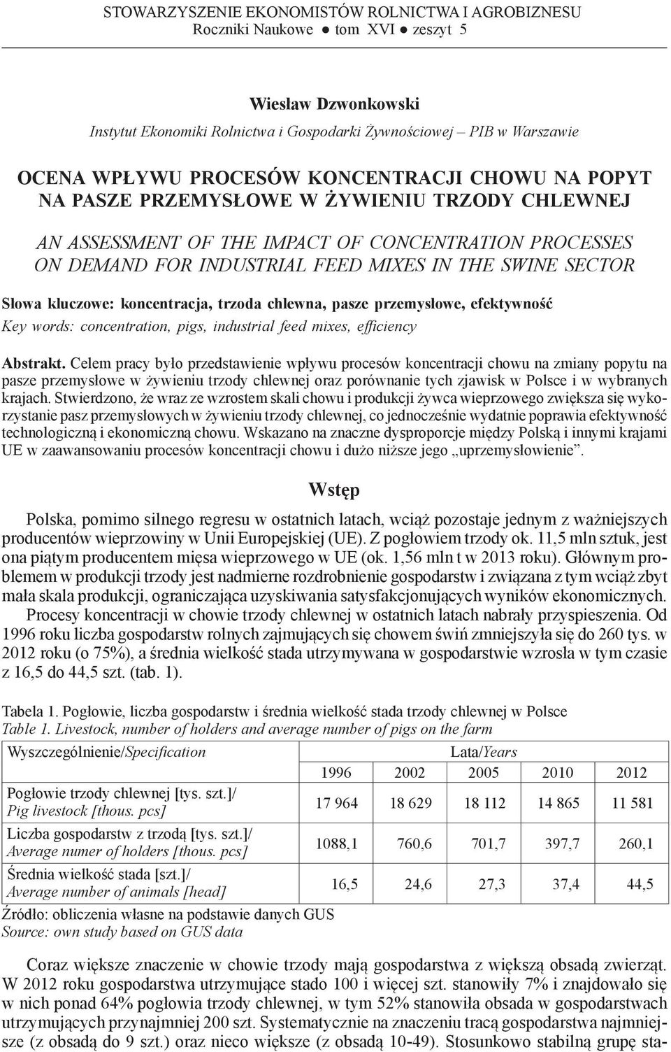 PRZEMYSŁOWE W ŻYWIENIU TRZODY CHLEWNEJ AN ASSESSMENT OF THE IMPACT OF CONCENTRATION PROCESSES ON DEMAND FOR INDUSTRIAL FEED MIXES IN THE SWINE SECTOR Słowa kluczowe: koncentracja, trzoda chlewna,