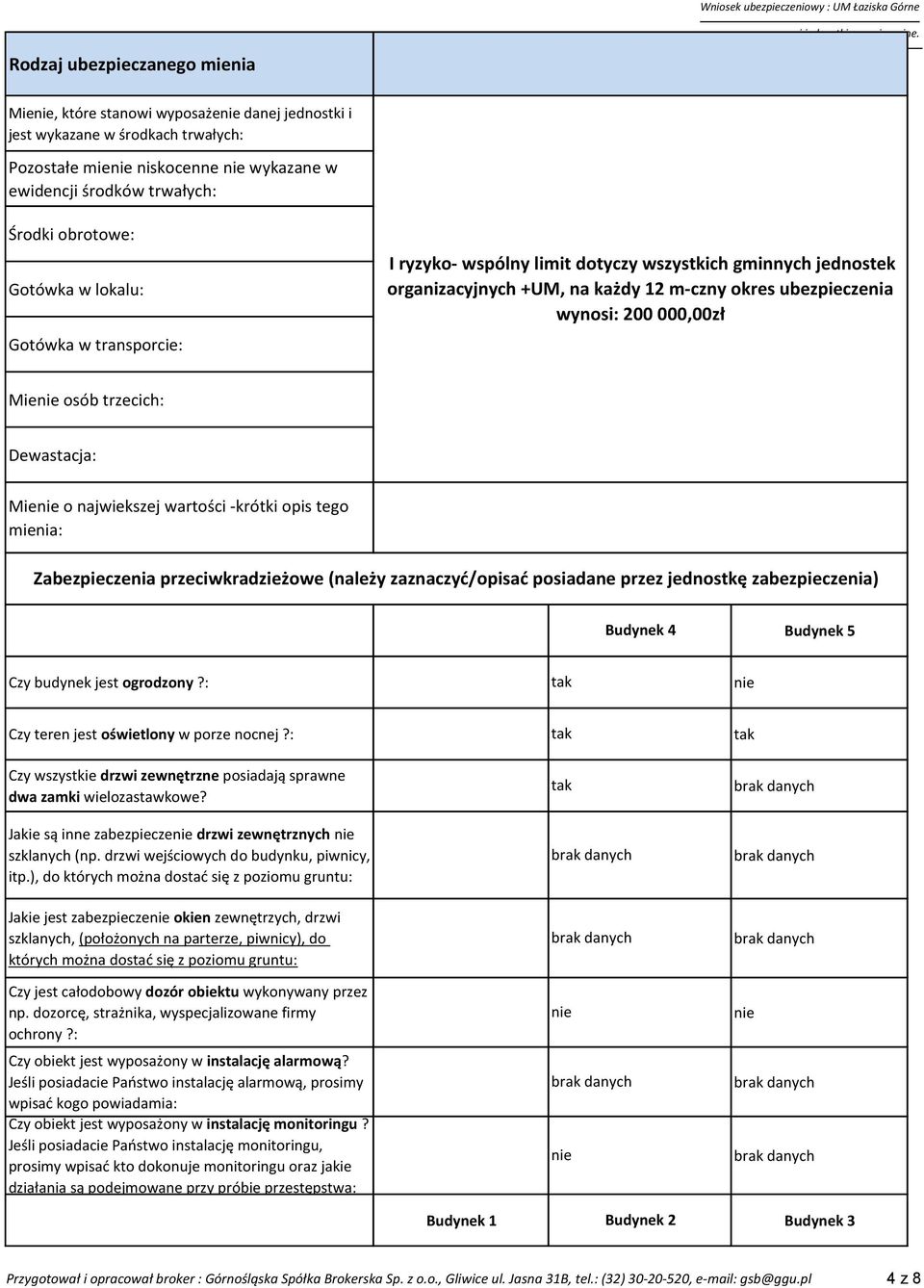 Dewastacja: Mie o najwiekszej wartości -krótki opis tego mienia: Zabezpieczenia przeciwkradzieżowe (należy zaznaczyć/opisać posiadane przez jednostkę zabezpieczenia) Budynek 4 Budynek 5 Czy budynek