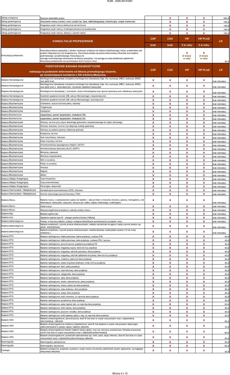 krioterapia pierwsza lub powtarzalna 150 zł Zabieg ginekologiczny Koagulacja szyjki macicy; ablacja z użyciem lasera 150 zł KONSULTACJE PROFESORSKIE COF COX VIP VIP PLUS brak brak 2 w roku 2 w roku