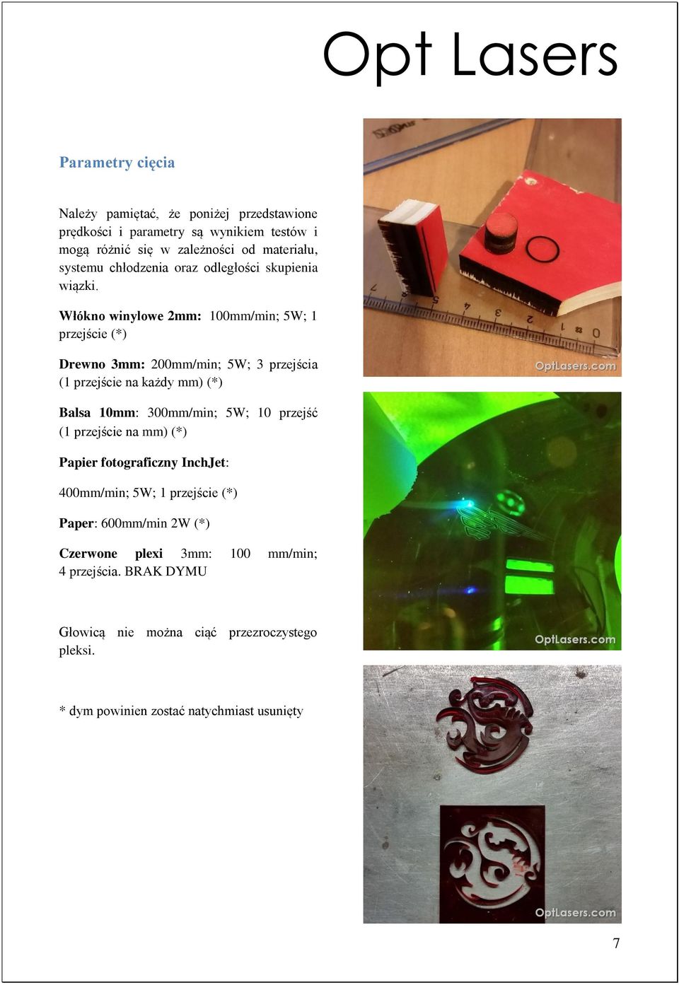 Włókno winylowe 2mm: 100mm/min; 5W; 1 przejście (*) Drewno 3mm: 200mm/min; 5W; 3 przejścia (1 przejście na każdy mm) (*) Balsa 10mm: 300mm/min; 5W; 10