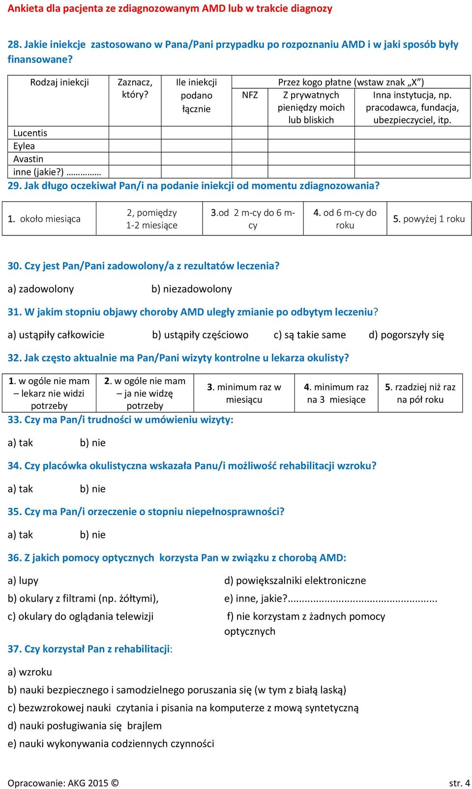 Lucentis Eylea Avastin inne (jakie?) 29. Jak długo oczekiwał Pan/i na podanie iniekcji od momentu zdiagnozowania? 1. około miesiąca 2, pomiędzy 1 2 miesiące 3.od 2 m cy do 6 m cy 4.