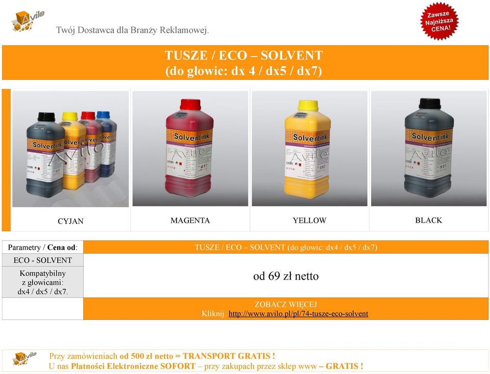 dx7) ECO - SOLVENT Kompatybilny z głowicami: dx4 / dx5 / dx7.